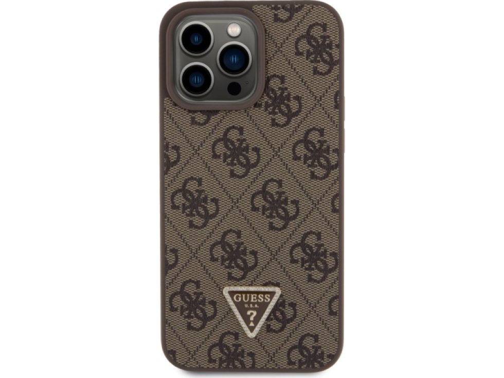 Ochranný kryt na iPhone 15 Pro MAX - Guess, 4G Strass Triangle Metal Logo Brown GUHCP15XP4TDPW
