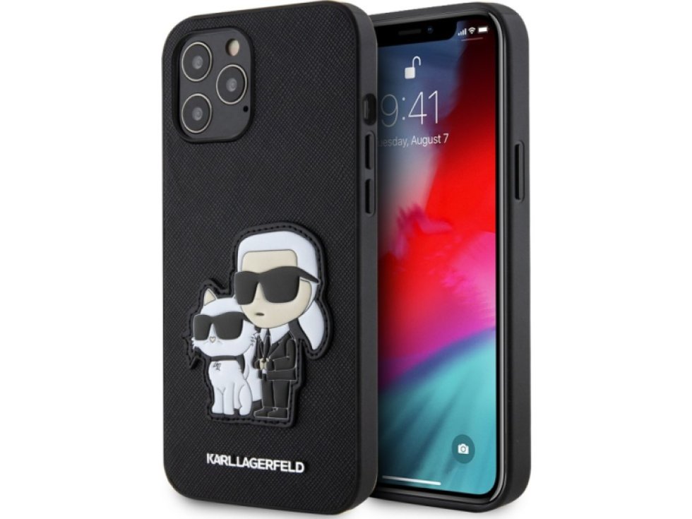 Ochranný kryt na iPhone 12 / 12 Pro - Karl Lagerfeld, Saffiano Karl and Choupette Black KLHCP12MSANKCPK