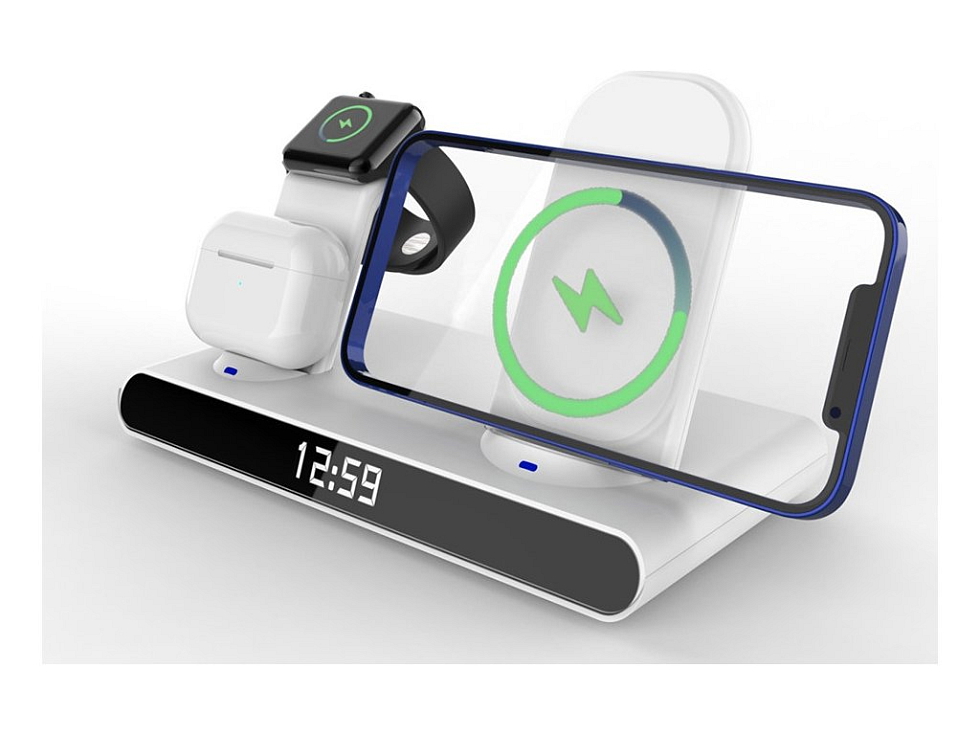 Bezdrátová nabíječka s budíkem 3v1 - Bílá