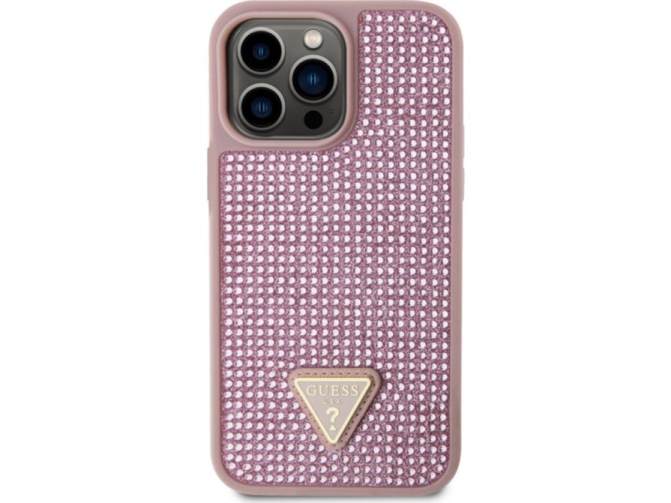 Ochranný kryt pro iPhone 14 Pro MAX - Guess, Rhinestones Triangle Metal Logo Pink GUHCP14XHDGTPP
