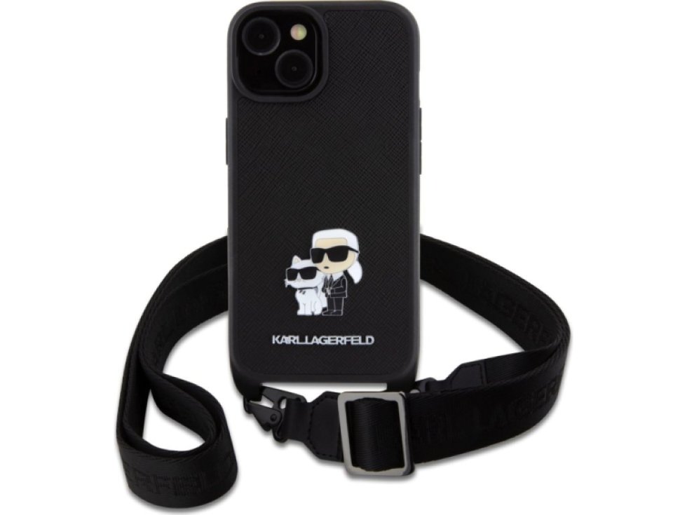 Ochranný kryt s crossbody popruhem pro iPhone 15 - Karl Lagerfeld, Saffiano Metal Karl and Choupette Black KLHCP15SSAKCPBK