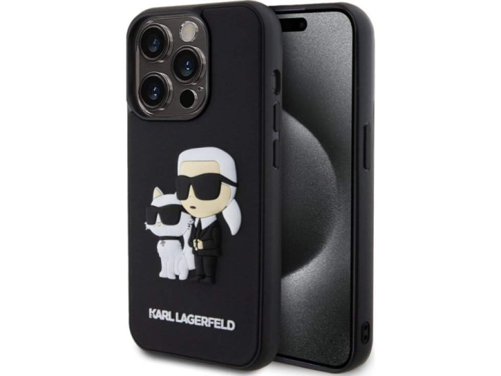 Ochranný kryt na iPhone 13 Pro - Karl Lagerfeld, 3D Rubber Karl and Choupette Black KLHCP13L3DRKCNK