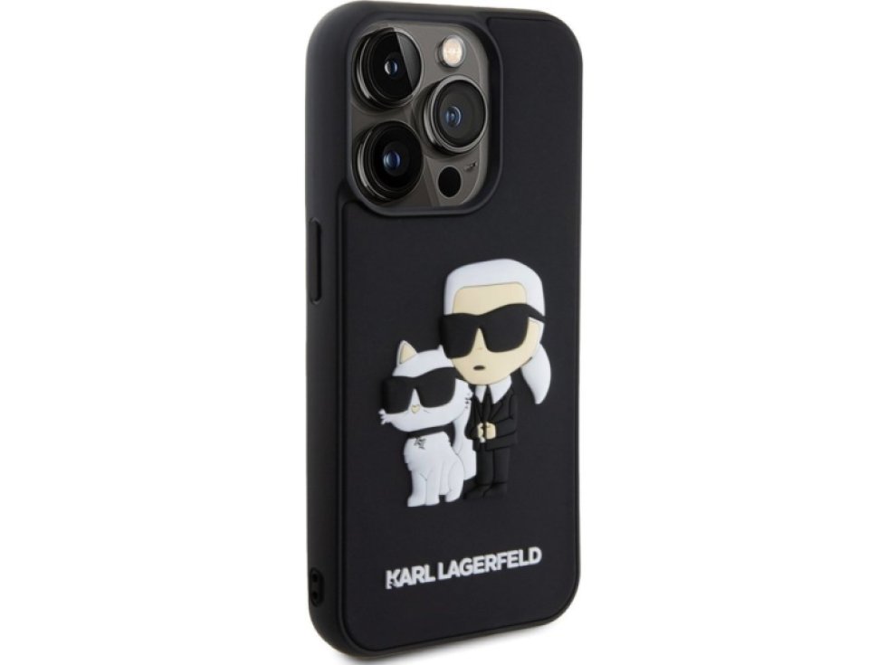 Ochranný kryt na iPhone 15 Pro - Karl Lagerfeld, 3D Rubber Karl and Choupette Black KLHCP15L3DRKCNK