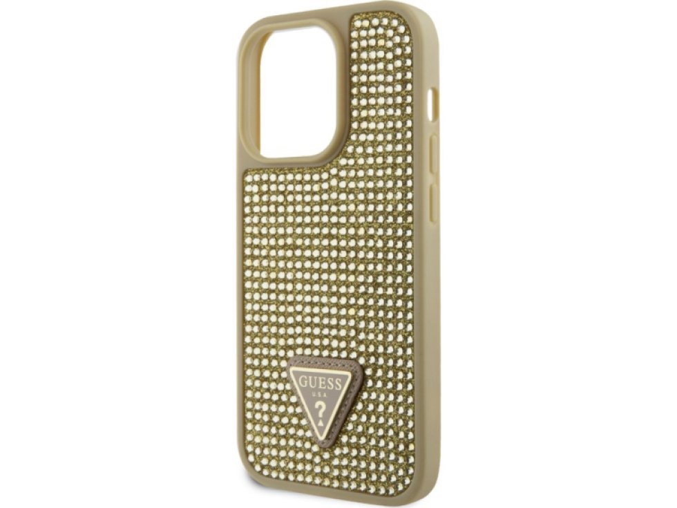 Ochranný kryt pro iPhone 15 Pro - Guess, Rhinestones Triangle Metal Logo Gold GUHCP15LHDGTPD