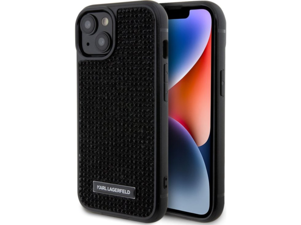 Ochranný kryt na iPhone 15 - Karl Lagerfeld, Rhinestone Plate Metal Logo Black KLHCP15SHDSPLK