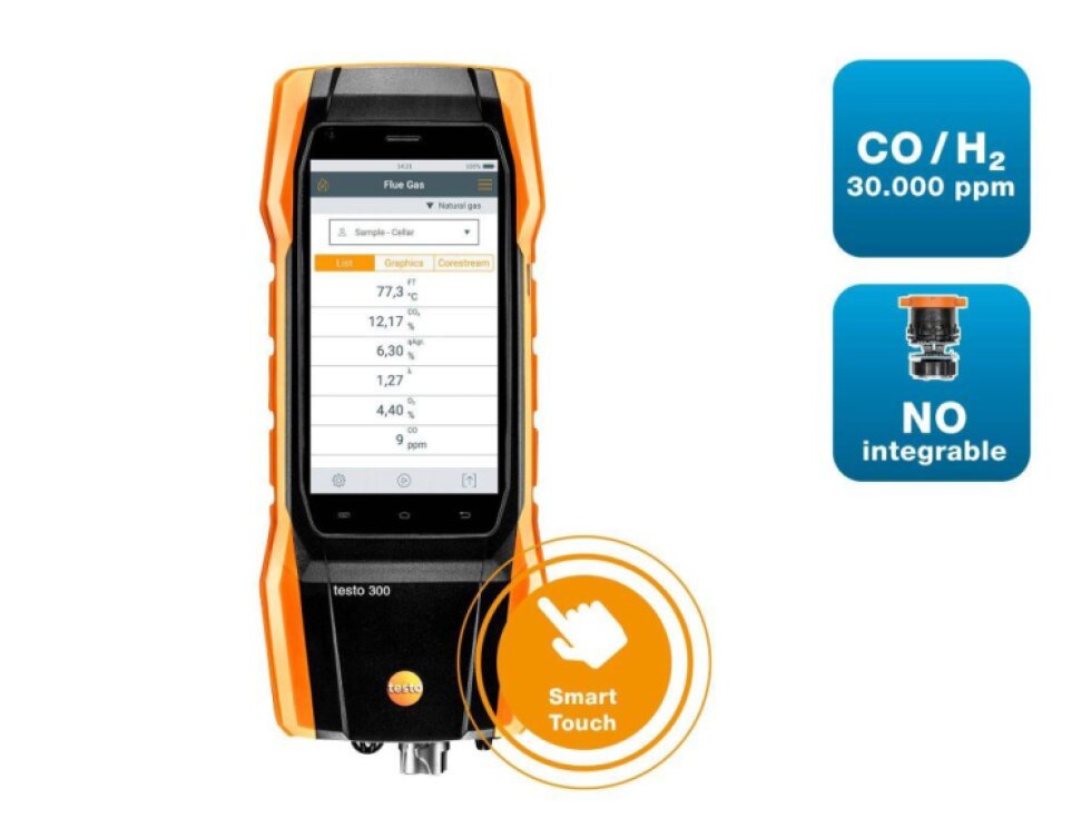 testo 300 Longlife - Analyzátor spalin O2, CO s kompenzací H2 až do 30,000 ppm, NO – možnost doplnění)