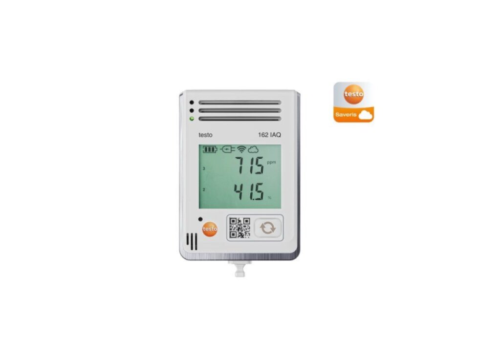 testo 162 IAQ - Online záznamník s displejem a integrovanými senzory teploty, vlhkosti, CO2 a atmosférického tlaku.