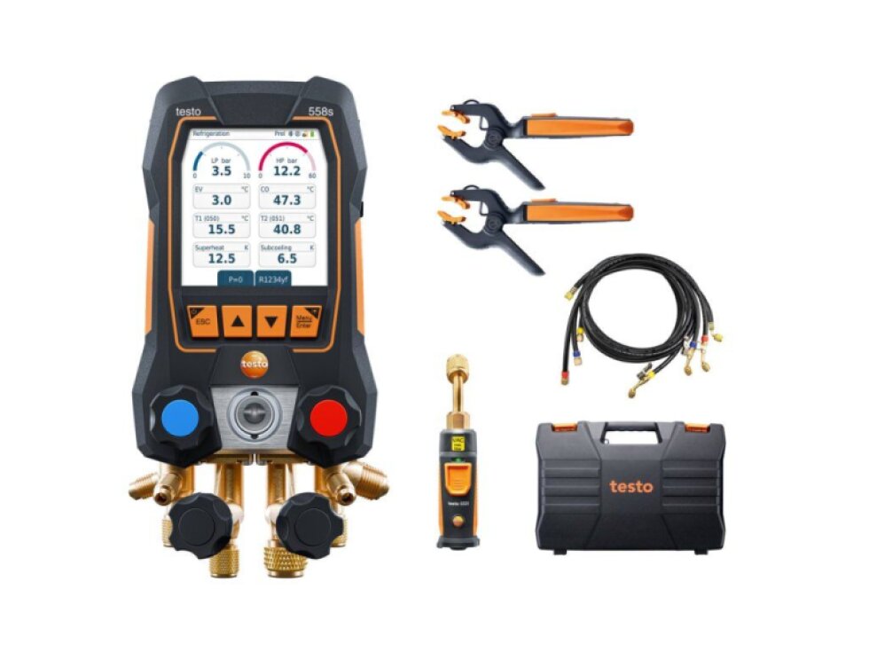 testo 558s Chytrá vakuovací sada - Chytrý digitální servisní přístroj s bezdrátovými teplotními a vakuovými sondami a plnící sadou se 4 hadicemi