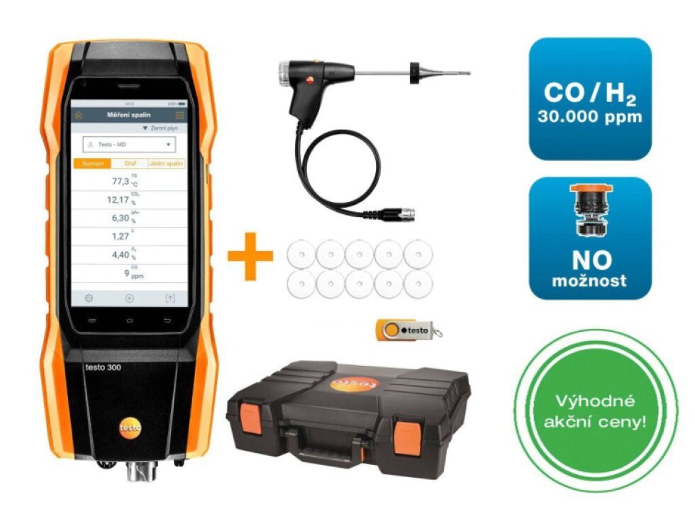 Inovativní testo 300 Longlife sada 2 - Analyzátor spalin (O2, CO s kompenzací H2 až do 30,000 ppm, NO – možnost)
