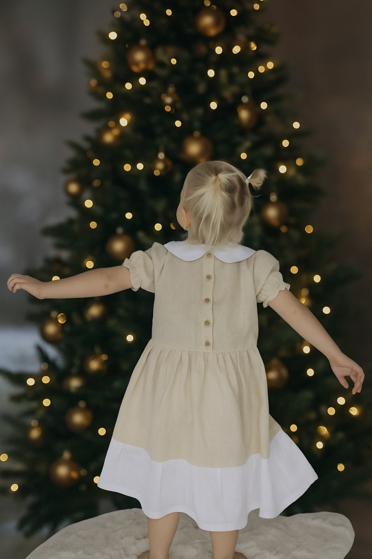 Lněné dětské šaty KOUZLO VÁNOC – béžové