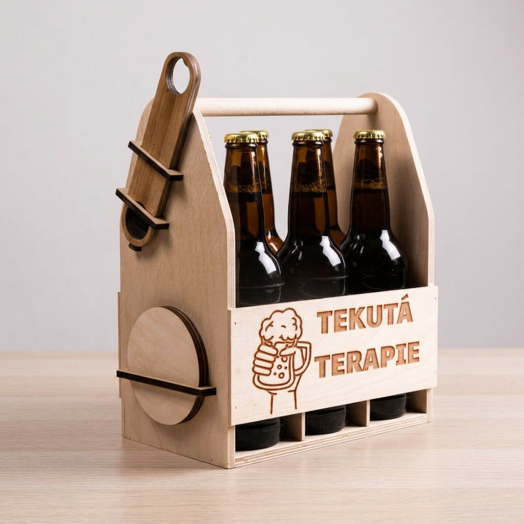 Dřevěný nosič na pivo s dřevěným otvírákem + 6ks kulatých podtácků - Tekutá terapie 32x26x16 cm, Přírodní