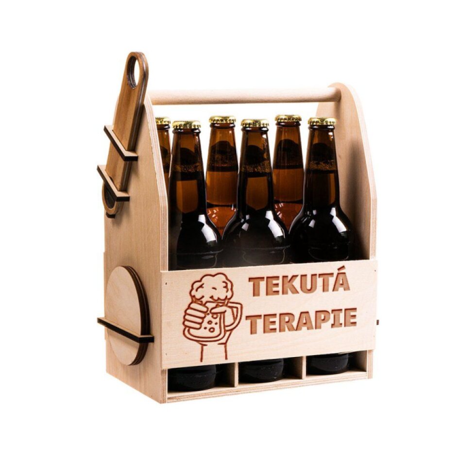 Dřevěný nosič na pivo s dřevěným otvírákem + 6ks kulatých podtácků - Tekutá terapie 32x26x16 cm, Přírodní
