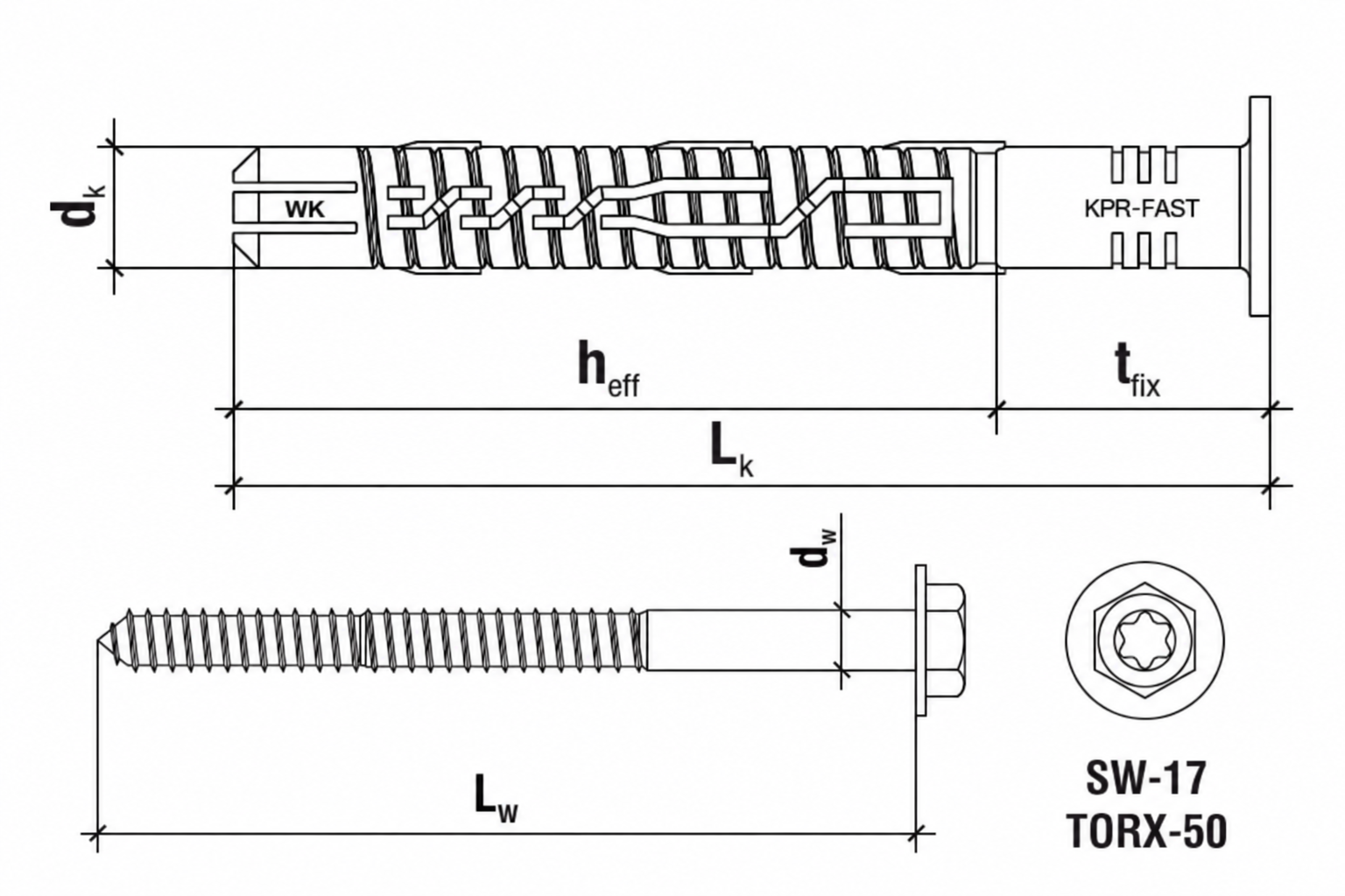 14x100mm KPR-FAST - 1 Kartón (4x20ks) - Rámové hmoždinky s plochým límcom, skrutkou so 6HR hlavou a vlisovanou podložkou, TX50/SW17