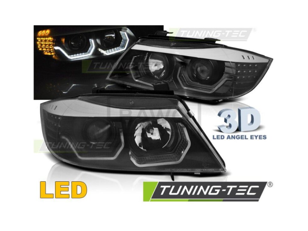 Přední světla BMW E90/E91 05-08 halogen, 3D LED angel eyes, LED blinkr - černá