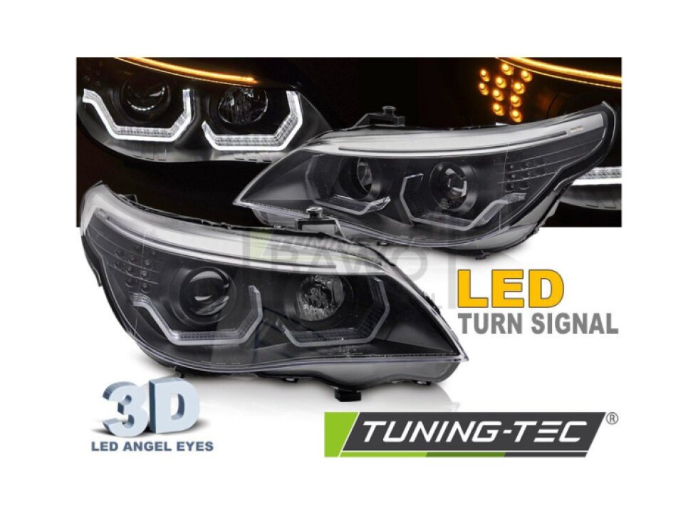Přední světla 3D LED angel eyes, LED blinkr BMW E60 / E61 03-07 černá