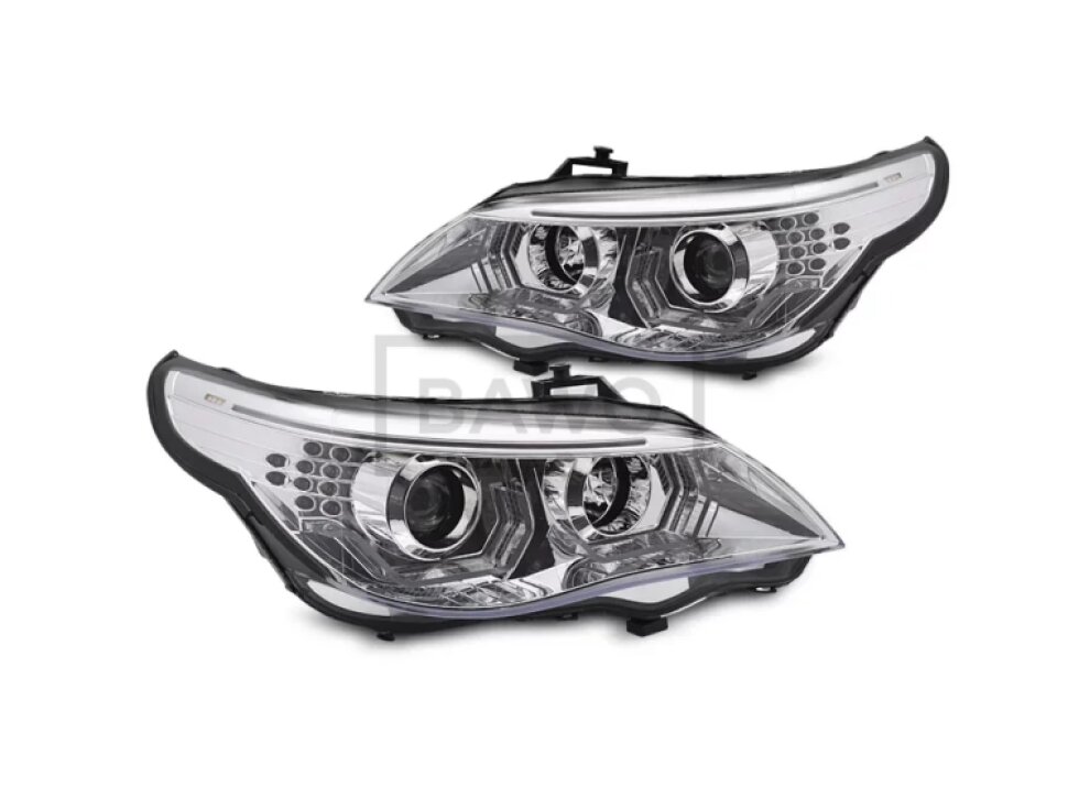Přední světla 3D LED angel eyes, LED blinkr BMW E60 / E61 03-07 chromová