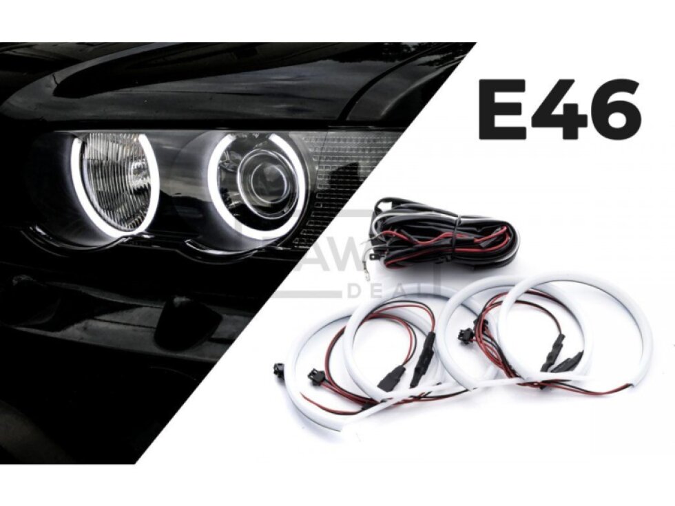 BMW E46 - LED Angel Eyes kroužky UHP Cotton Mléčné 131mm 146mm - halogen
