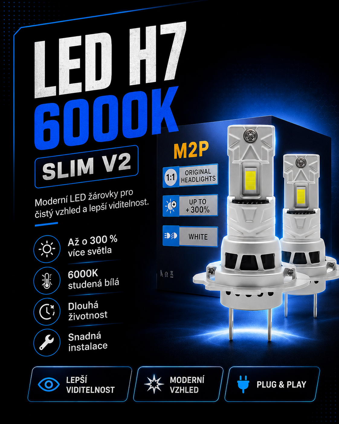 LED H7 žárovka 6000K slim V2