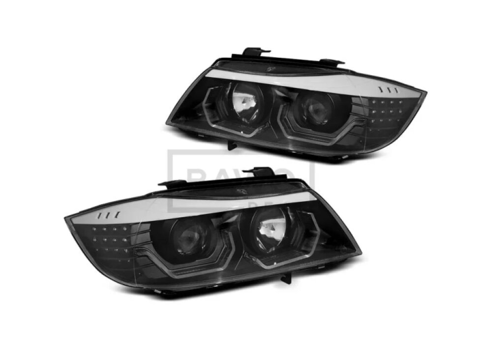 Přední světla BMW E90/E91 05-08 halogen, 3D LED angel eyes, LED blinkr - černá