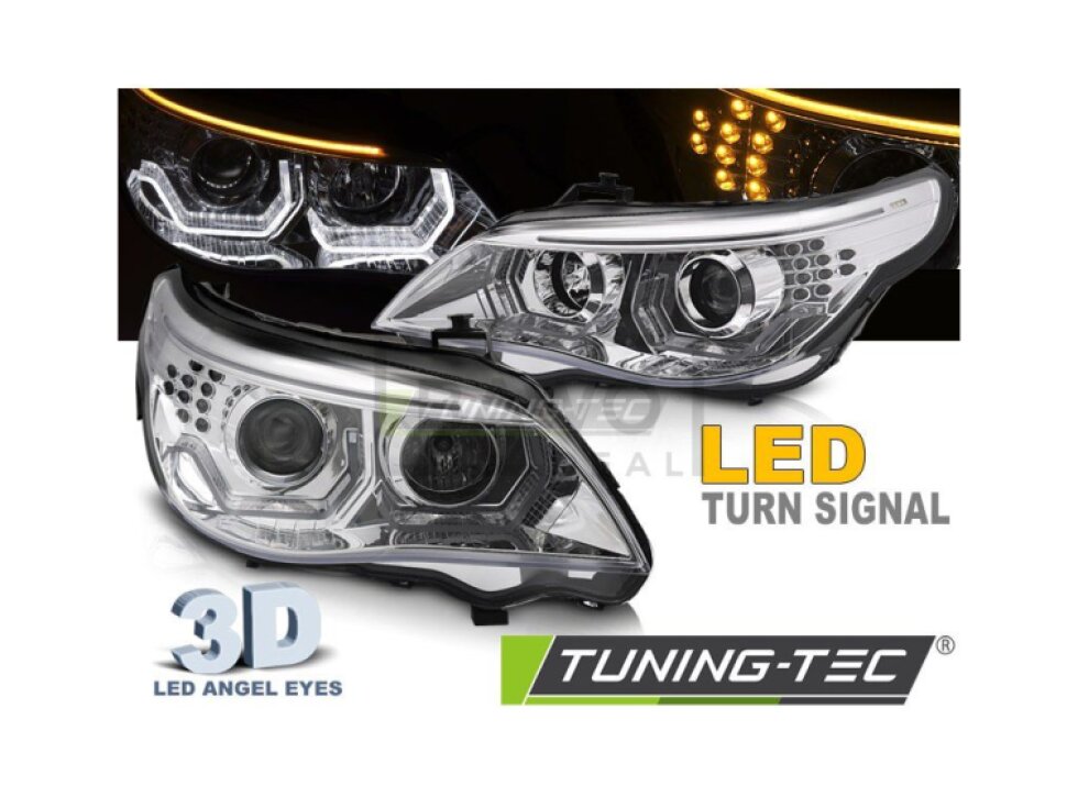 Přední světla 3D LED angel eyes, LED blinkr BMW E60 / E61 03-07 chromová