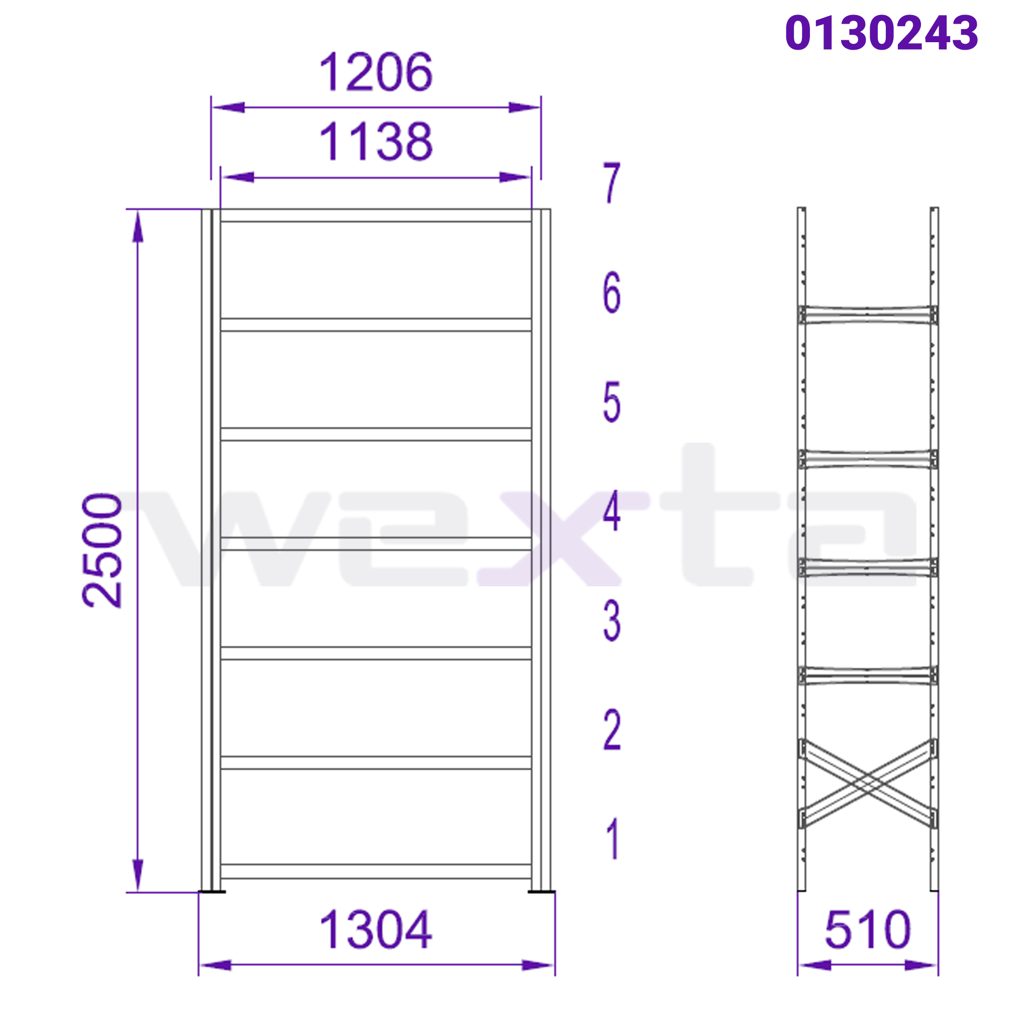 Kovový regál, 2500x1200x500 mm, 7 polic, základní modul