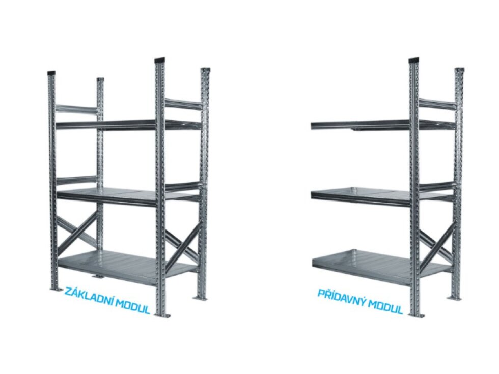 Kovový policový regál, 1576x600x320 mm, 3 police, základní