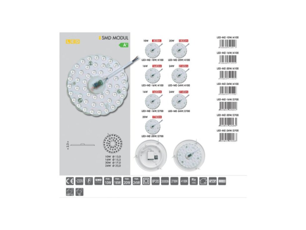 LED magnetický SMD modul 16W 15,5cm 230V LED-MZ-16W/2700