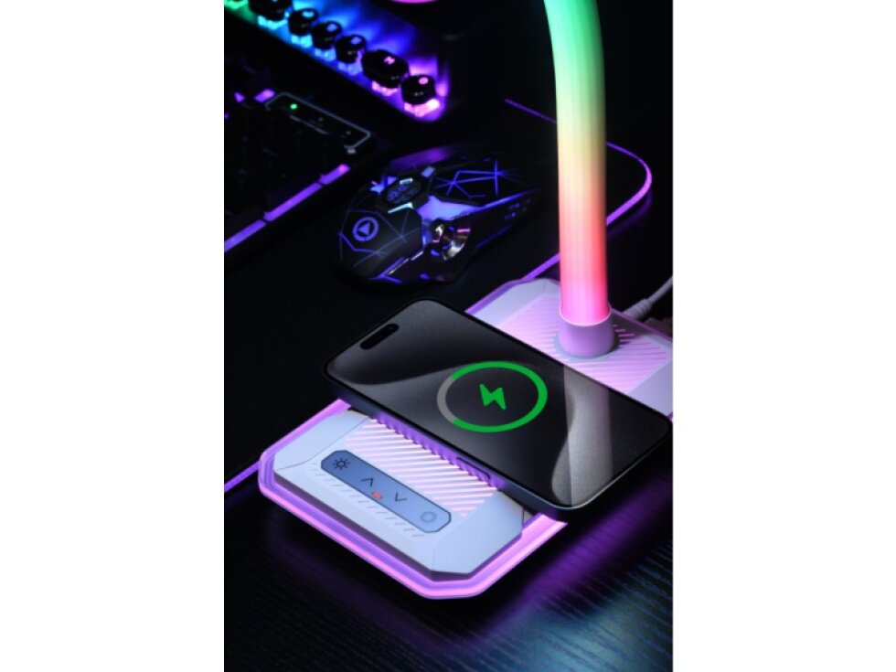 LED stolní lampička Immax GAMER RGB, QI nabíjení , USB výstup černá