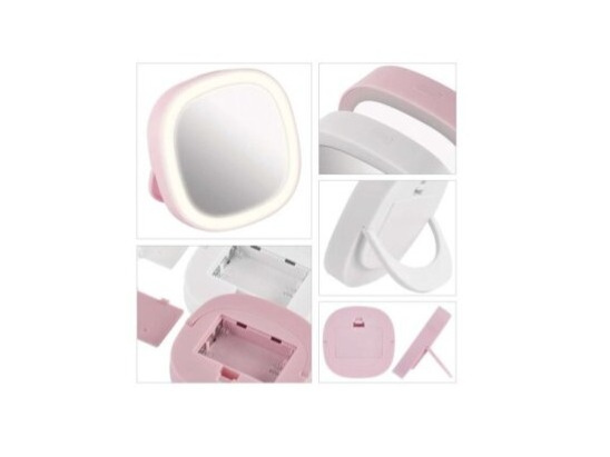 Kapesní přenosné kosmetické zrcátko s LED světlem - bílá/růžová