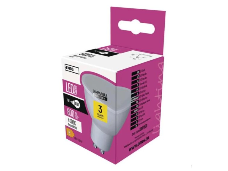 Stmívatelná LED žárovka EMOS DIM 7W (60W) patice GU10 neutrální bílá, otočným stmívačem 10-100% ZQ8E44D