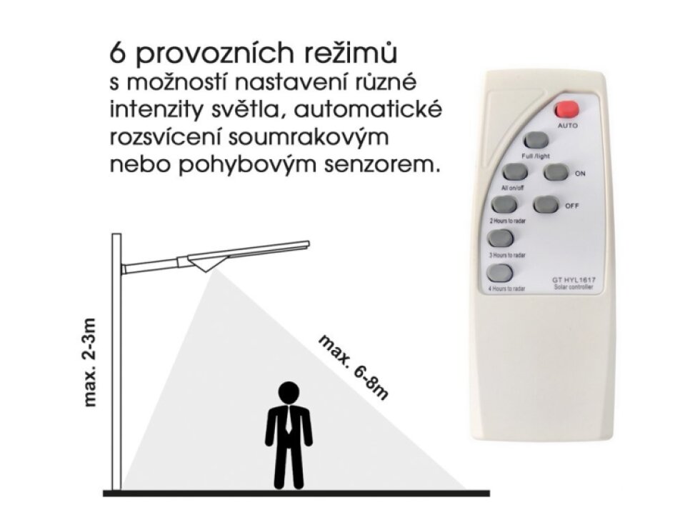LED solární pouliční svítidlo STRADA 80W s dálkovým ovladačem a senzorem 3000K