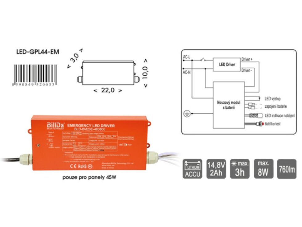 Nouzový modul k LED panelu 60x60 a 30x120 Ecolite LED-GPL44-EM