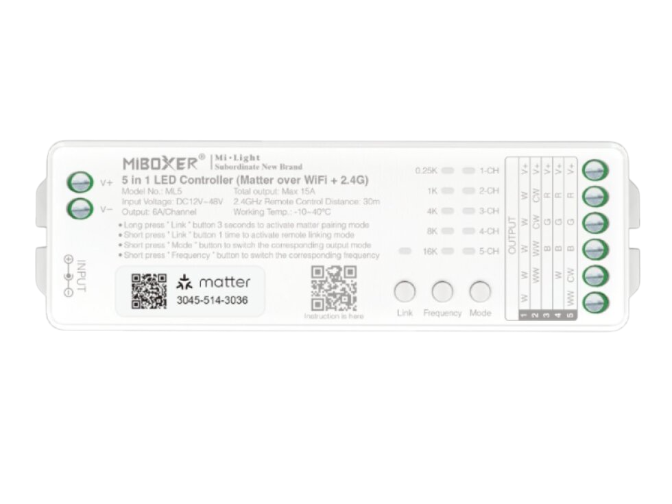 MiBOXER MATTER + WIFI + RF 2,4GHz přijímač / stmívač 5v1 pro jednobarevné LED pásky, CCT, RGB, RGBW a RGBCCT 15A