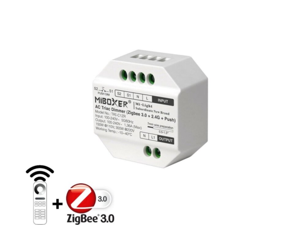 MiBOXER TRIK ZigBee + RF přijímač stmívač / spínač 2.4GHz + PUSH 1,36A