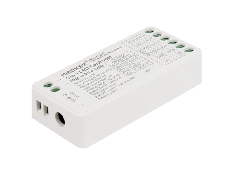 MiBOXER ZigBee + RF přijímač / stmívač 5v1 pro jednobarevné LED pásky, CCT, RGB, RGBW a RGBCCT 12A