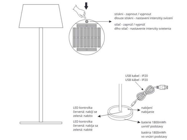 Venkovní solární LED stolní lampička EVA 2,7W stmívatelná IP54 černá