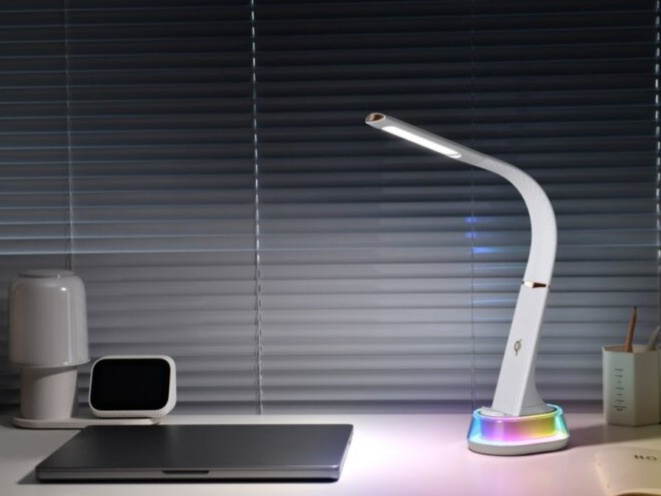 LED stolní lampička Immax CORELLA s Qi nabíjením bílá + zlaté prvky RGB podsvícení