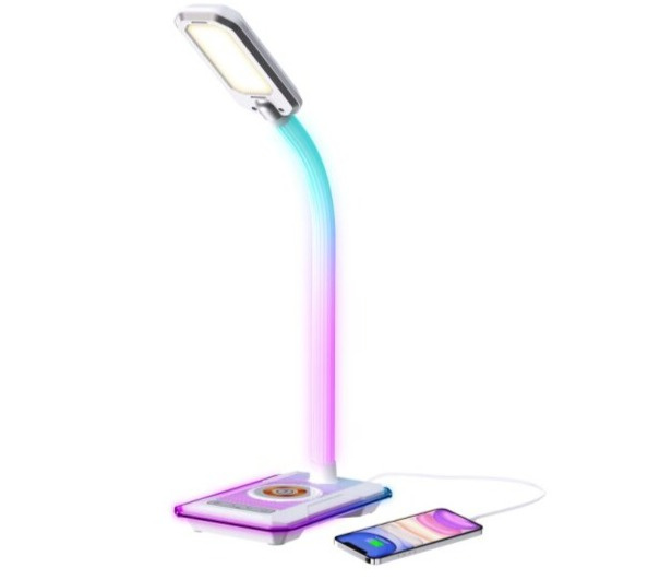 LED stolní lampička Immax GAMER RGB, QI nabíjení , USB výstup, bílá