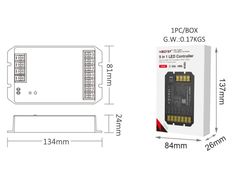 MiBOXER TUYA + RF přijímač / stmívač 5v1 pro jednobarevné LED pásky, CCT, RGB, RGBW a RGBCCT 30A