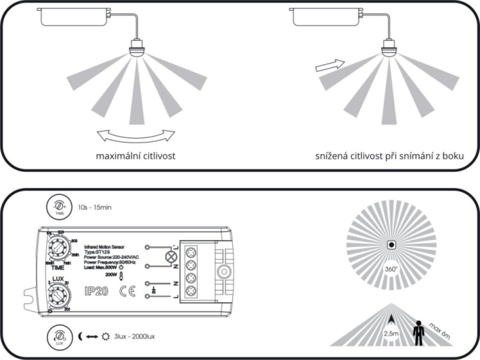 EST129-BI pohybový senzor PIR zápustný nábytkový na 230V pro LED zařízení a pásky