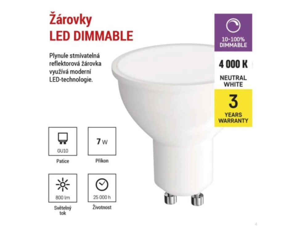 Stmívatelná LED žárovka EMOS DIM 7W (60W) patice GU10 neutrální bílá, otočným stmívačem 10-100% ZQ8E44D