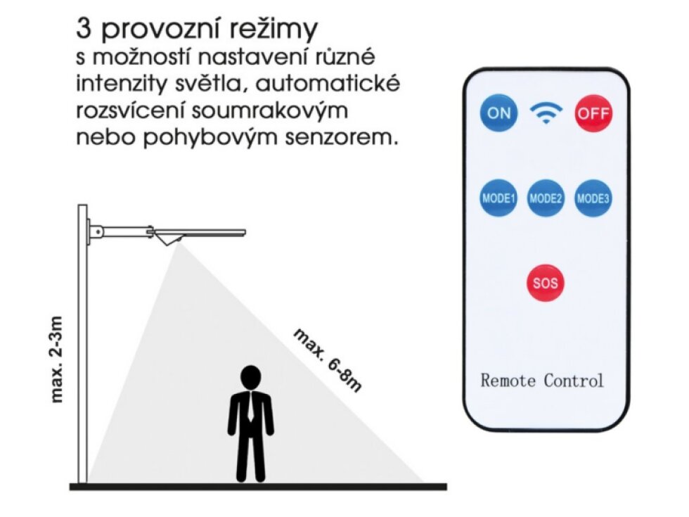 LED solární pouliční svítidlo MODO 20W s dálkovým ovladačem a senzorem 3000K