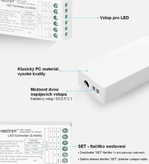 MiBOXER ZigBee + RF přijímač / stmívač 5v1 pro jednobarevné LED pásky, CCT, RGB, RGBW a RGBCCT 12A