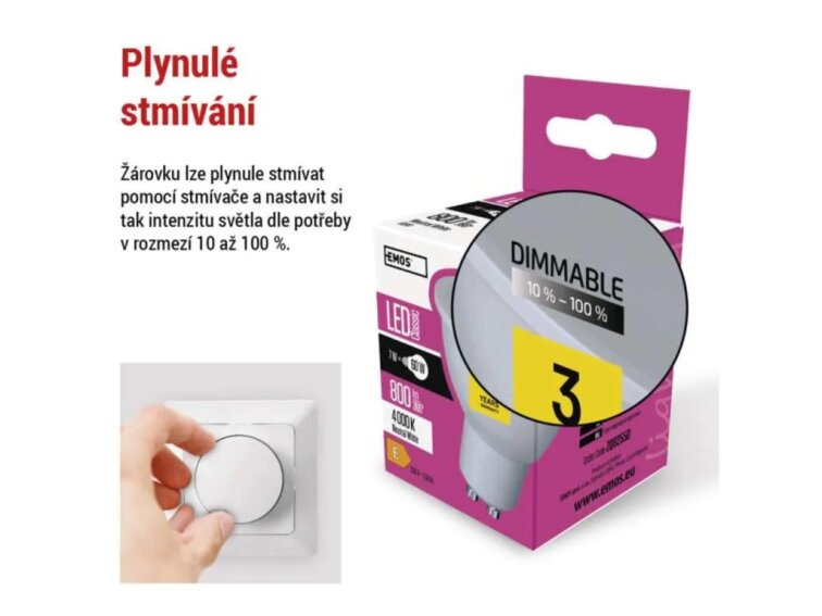 Stmívatelná LED žárovka EMOS DIM 7W (60W) patice GU10 neutrální bílá, otočným stmívačem 10-100% ZQ8E44D
