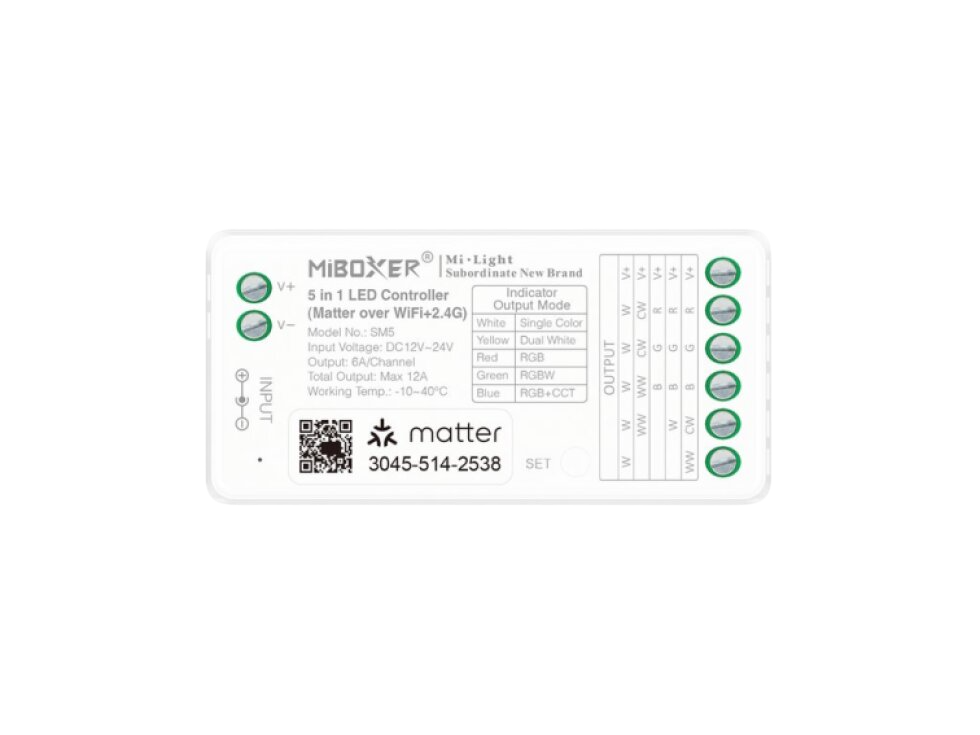 MiBOXER SM5 MATTER + WiFi + RF přijímač / stmívač 5v1 pro jednobarevné LED pásky, CCT, RGB, RGBW a RGBCCT 12A