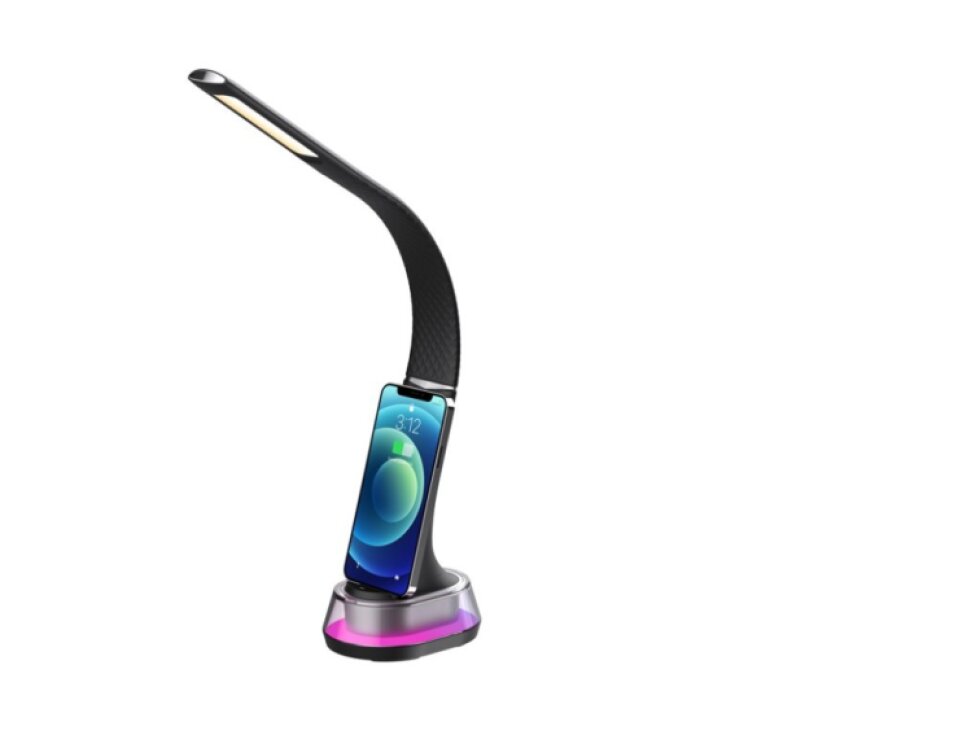 LED stolní lampička Immax CORELLA s Qi nabíjením černá + stříbrné prvky, RGB podsvícení