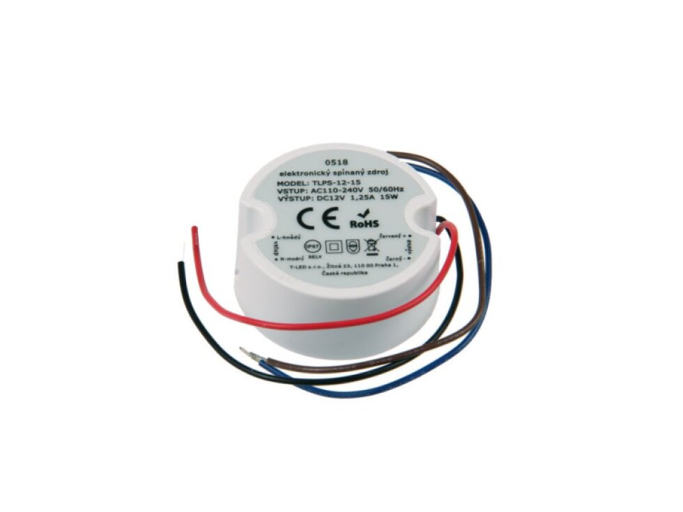LED napájecí zdroj 12V 15W pro LED pásky IP67 voděodolné trafo 1,25A do montážní krabice 051202