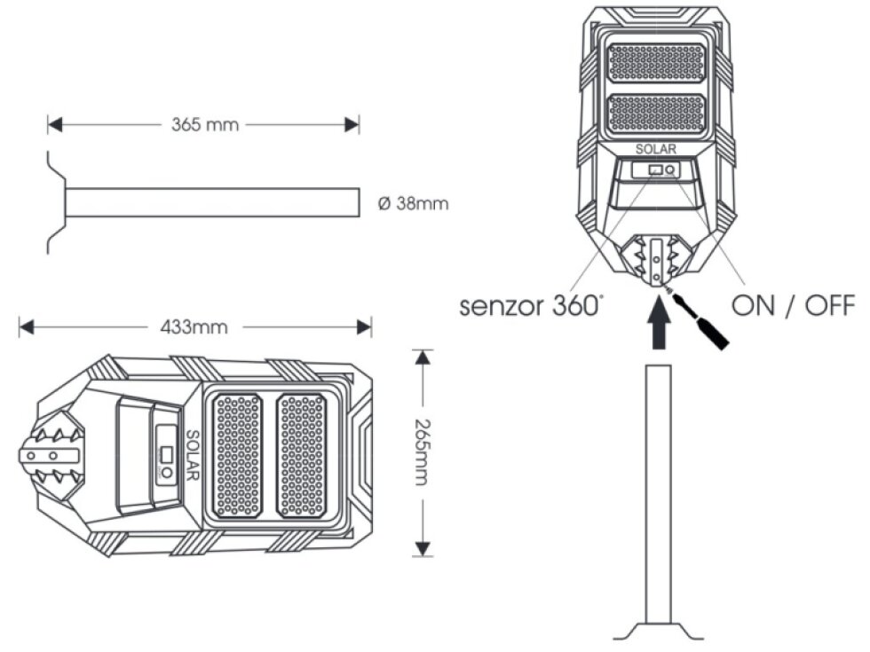 LED solární pouliční svítidlo STRADA 40W s dálkovým ovladačem a senzorem 3000K
