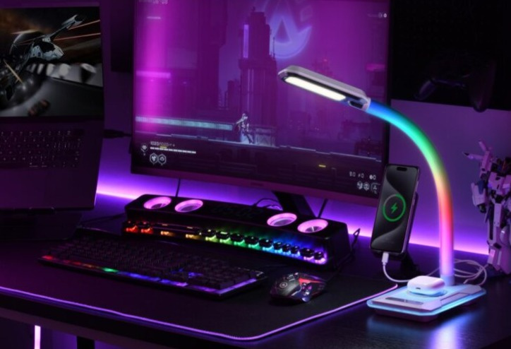 LED stolní lampička Immax GAMER RGB, QI nabíjení , USB výstup, bílá