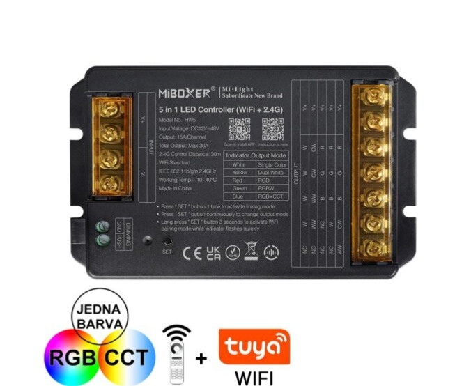 MiBOXER TUYA + RF přijímač / stmívač 5v1 pro jednobarevné LED pásky, CCT, RGB, RGBW a RGBCCT 30A